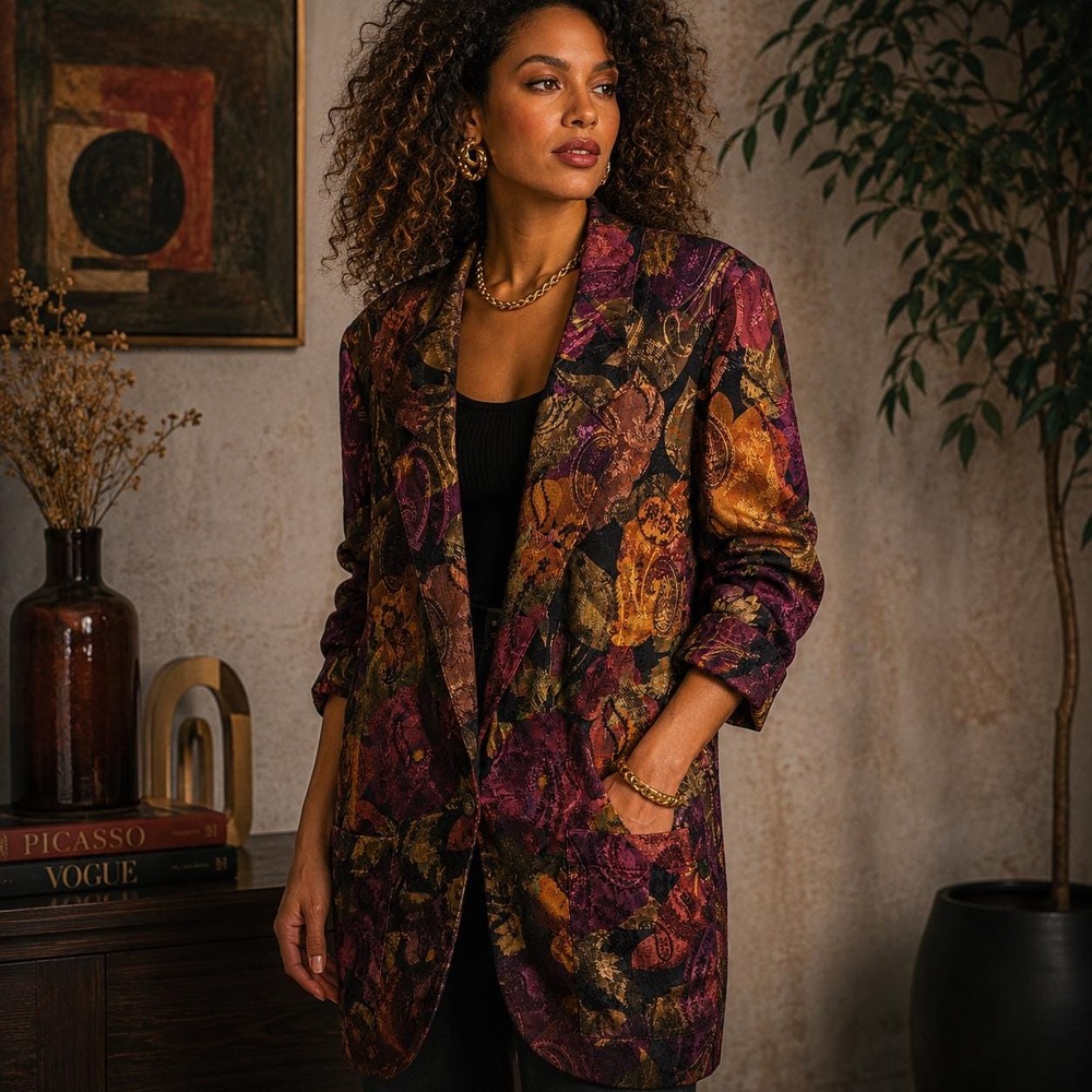 Danielle B Vintage Burgundy Floral Tapestry Long Single Button Blazer Size M